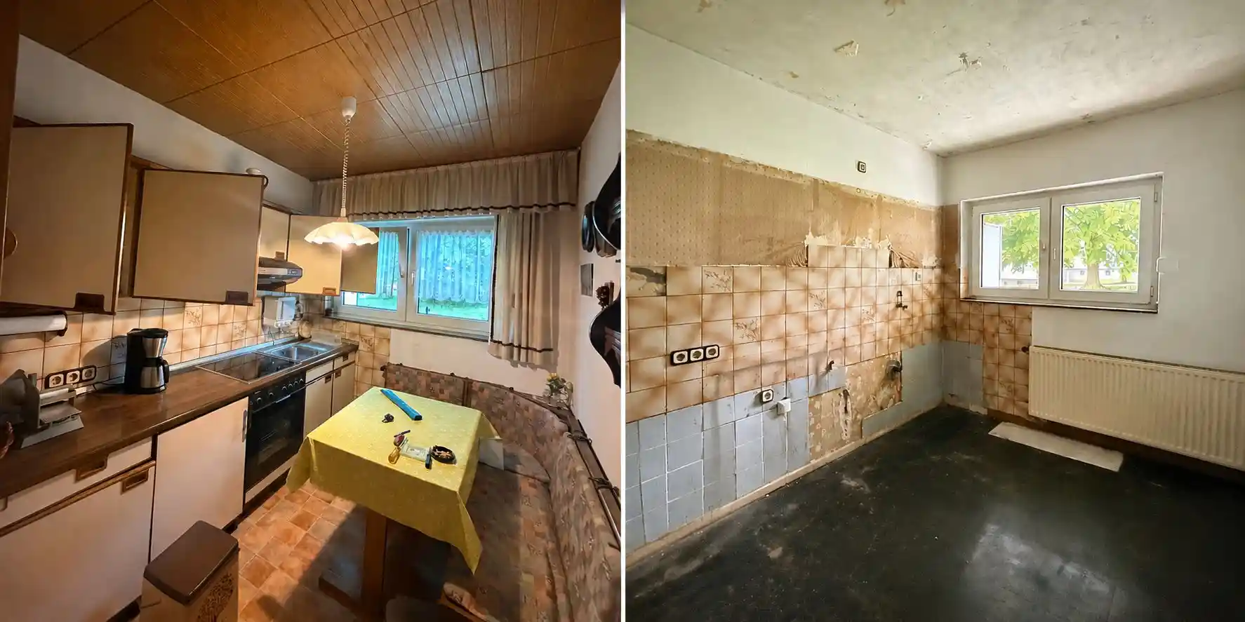 Wohnungsauflösung in Bochum – Küche vorher und nachher: komplette Auflösung inklusive Einbauküchen-Demontage und Tapetenreste durch Movehaus