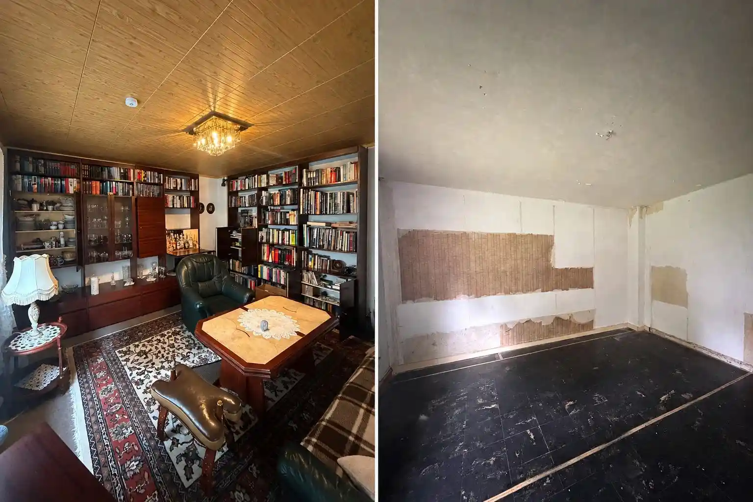 Nachlassauflösung in Bochum – Wohnzimmer mit Bücherwand vorher und nachher: komplette Haushaltsauflösung inklusive Tapetenentfernung durch Movehaus