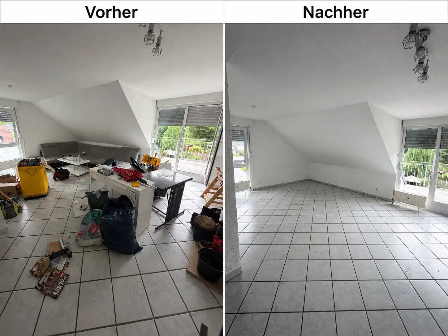 Entrümpelung Dortmund – Wohnzimmer vorher und nachher: Möbel und Sperrmüll geräumt, Raum besenrein übergeben durch Movehaus