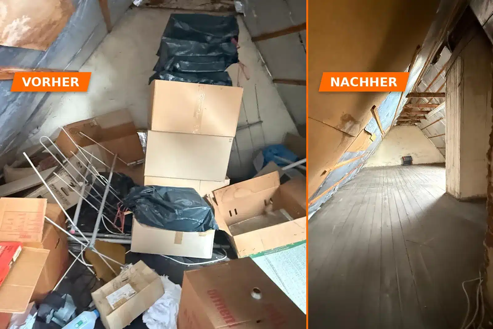 Dachboden entrümpeln vorher nachher: vollgestellter Speicher und derselbe Dachboden leer und gefegt