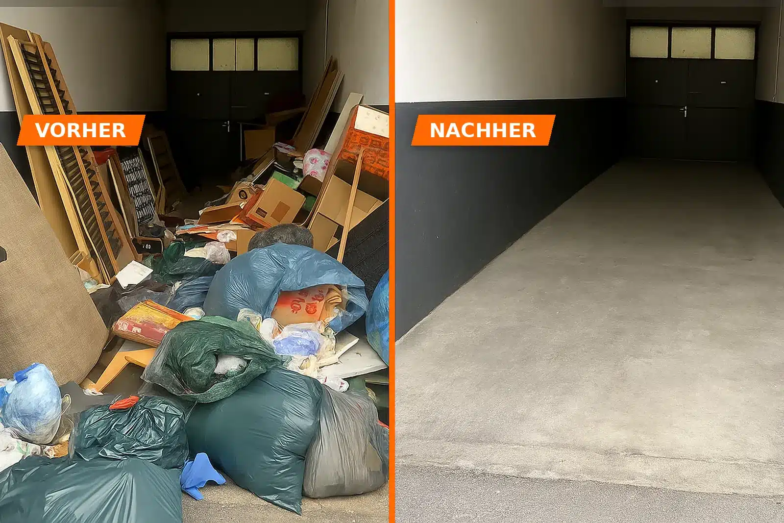 Garage entrümpeln vorher nachher: vollgestellte Garage mit Sperrmüll und derselbe Stellplatz besenrein leer