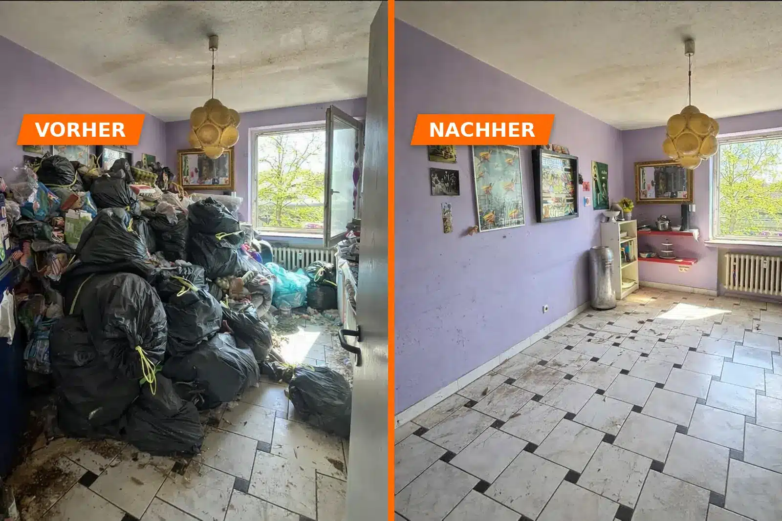 Messi-Wohnung entrümpeln vorher nachher: dasselbe Zimmer voller Säcke und danach leer – die Bilder an der Wand blieben